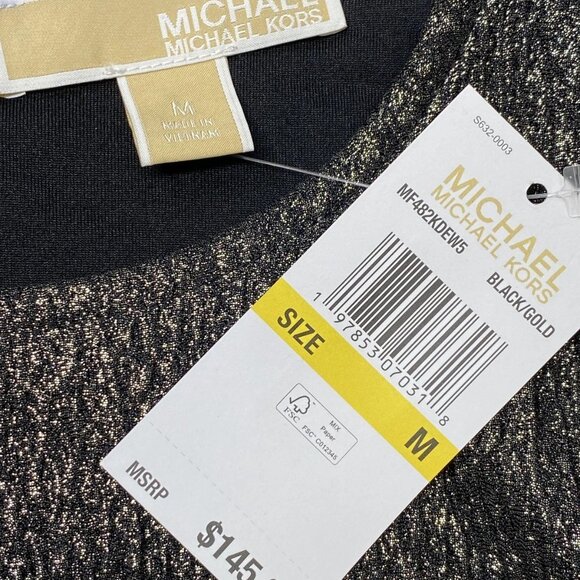 NEW MICHAEL KORS Metallic Crinkle Jacquard Mini Dress – Black/Gold – Size M - Picture 4 of 12
